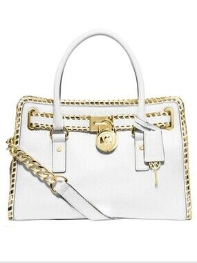 Michael Kors White Gold Hamilton Whipped Leather Satchel Handbag Purse